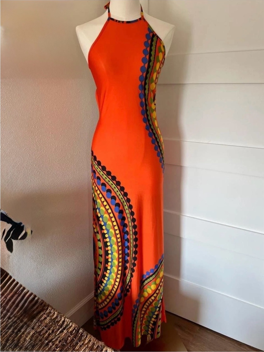 Venus Orange Halter Vibez boho vintage sexy Maxi Dress with side splits sz M - Picture 3 of 3
